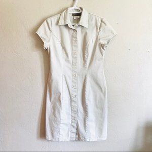 Beige Short Sleeve Medium Button Down Midi Dress